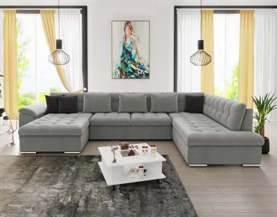 Bestmobilier Canapé panoramique 7 places CHUCK - Angle droit - Simili/tissu et velours Gris