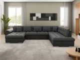 BESTMOBILIER Canapé panoramique 7 places CHUCK - Angle droit - Simili/tissu et velours Noir / Gris