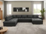 BESTMOBILIER Canapé panoramique 7 places CHUCK - Angle gauche - Simili/tissu et velours Noir / Gris