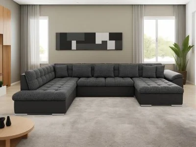 Bestmobilier Canapé panoramique 7 places CHUCK - Angle gauche - Simili/tissu et velours Noir / Gris