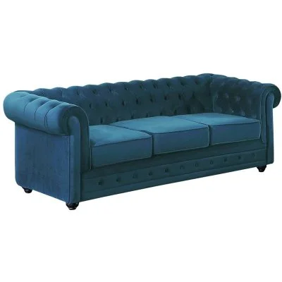 Canapé 3 places CHESTERFIELD - Velours bleu canard