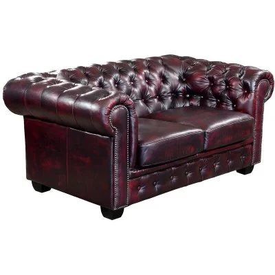 Canapé chesterfield 2 places BRENTON 100% cuir de buffle - Bordeaux
