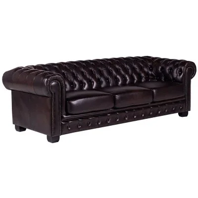 Canapé chesterfield 4 places BRENTON 100% cuir de buffle - Marron reflets châtains