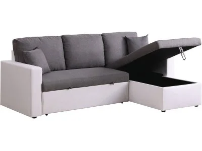 Canapé d'angle convertible avec coffre ""Alain"" - 221 x 145 x 85 cm - 3 places - Gris - Blanc
