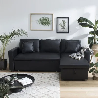 Canapé d'angle convertible simili cuir CLARK 3 places noir