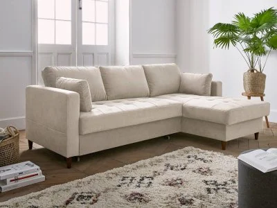 Canapé d'angle droit convertible 4 places Velours Beige