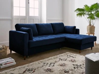Canapé d'angle droit convertible 4 places Velours Bleu nuit