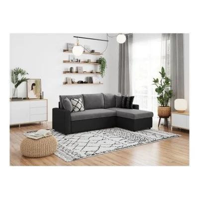 Canapé d'angle L200 reversible 2 poufs Noir et gris