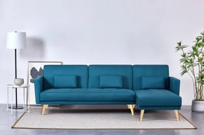 Canapé d'angle réversible et convertible 4 places en tissu bleu canar