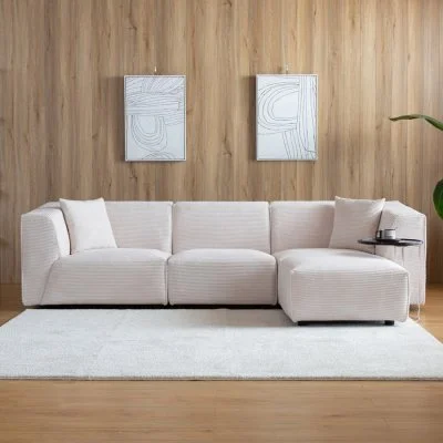 Canapé modulable 3 places + 1 pouf velours côtelé beige monroe - Beige