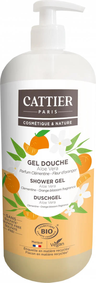 CATTIER Gel Doucheàl'Aloe Vera Parfum Clémentine, Fleur d'Oranger 1L