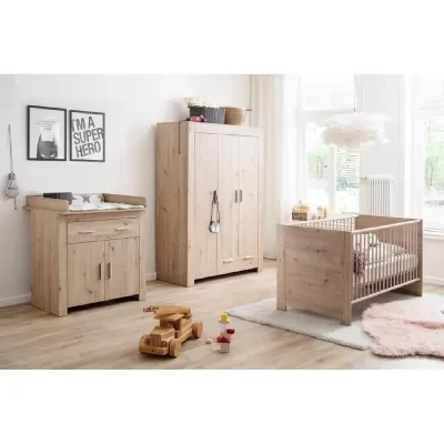 Chambre bébé Trio : Lit 70 x 140 cm + Commode à langer + Armoire AHOI - Chêne