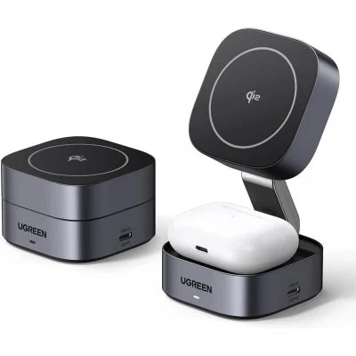 Chargeur Inductif Qi2 2 en 1 Ugreen W702 Pour iPhone, AirPods, 15W (Gris)