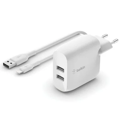 Chargeur secteur Belkin 2 ports USB-A avec câble Lightning 24 W Blanc