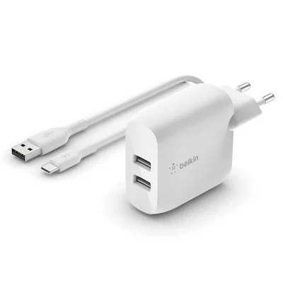 Chargeur secteur Belkin 24W 2xUSB-A + Cable USB-C 1m blanc