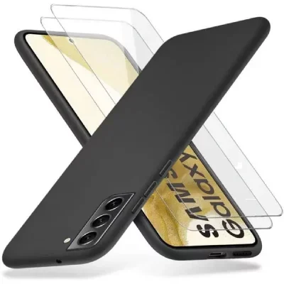 Coque Silicone Noir + 2 Verres Trempes Pour Samsung Galaxy S22 5G