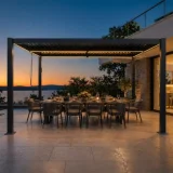 CONCEPT USINE CORFU - Pergola bioclimatique à LED 4x3m structure aluminium lames orientables