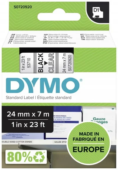 DYMO D1 - Standard Étiquettes - Noir sur transparent - 24mm x 7m