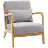 Fauteuil lounge 3 coussins bois hévéa aspect velours gris