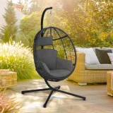 IDMARKET Fauteuil oeuf suspendu ajouré noir avec coussin gris