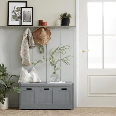 FSR80-SG Banc de Rangement avec 2 Portes 1 Cube et Coussin Rembourré