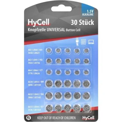 HyCell Jeu de piles bouton 5X AG 1, AG 3, AG 4, AG 10, AG 12, AG 13