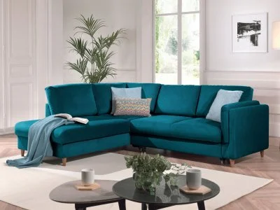 Lisa Design Canapé d'angle gauche convertible 5 places BROOKE - Velours Bleu canard