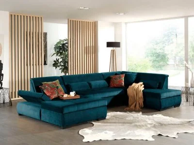 Lisa Design Canapé panoramique 7 places VERMONT - Angle droit - Velours Bleu canard