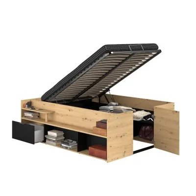 Lit Coffre Avec Rangements 140x190 Decor Chene Artisan Et