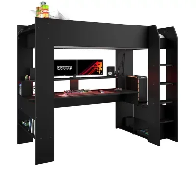 Lit mezzanine gaming à LED 90x200 cm avec bureau et rangement CONNECT