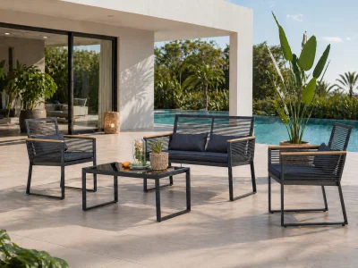 MIHATA - Salon de jardin bas noir et bois - 4 personnes