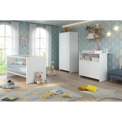 Niko chambre bébé complete : lit 70*140cm + commode + armoire - blanc
