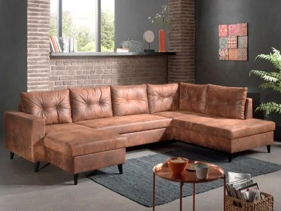 NORDIC - Canapé panoramique en U - 7 places - Convertible - Industriel vintage - Droit- Marron