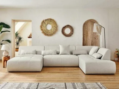 Onyx - canapé panoramique d'angle droit 7 places - en tissu - Beige