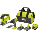 RYOBI Pack ONE+ 18V : perceuse à percussion + scie sauteuse - 2 bat. Li-Ion 2.5Ah + chargeur & sac
