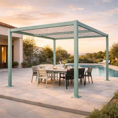 Pergola bioclimatique structure aluminium vert lames orientables 3x3m CORFU