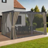 IDMARKET Pergola édition intégrale moustiquaire toit rétractable 3x4 M et 4 rideaux taupe