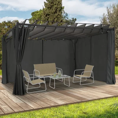 Pergola édition suprem lames orientables 3x4 M et 4 rideaux gris anthracite