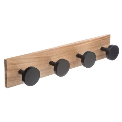 Portemanteau mural 4 accroches bois et noir - 40x6.5x8cm