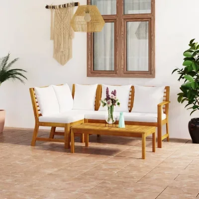 Salon de jardin 4 pcs avec coussin crème bois d'acacia solide