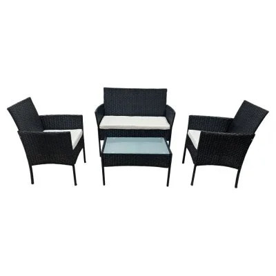 Salon de jardin 4 places en résine tressée noire tissu beige