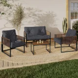 IDMARKET Salon de jardin bas RIO structure en acier et polyrotin 4 places avec coussin gris