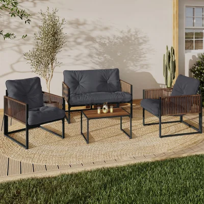 Salon de jardin bas RIO structure en acier et polyrotin 4 places avec coussin gris
