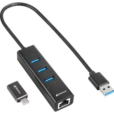 Sharkoon 3 Ports USB 3.2 GEN 1 Hub en Aluminium, Adaptateur Ethernet RJ45