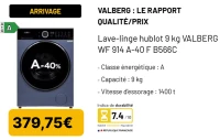 Lave-linge hublot 9 kg VALBERG WF 914 A-40 F B566C