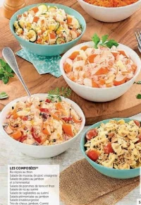 Salades Les Composées (Riz niçois au thon, Salade de museau de porc vinaigrette, Salade de pâtes au jambon et à l'emmental, Salade de pommes de terre et thon, Salade de tagliatelles au surimi, Salade piémontaise au jambon, Salade strasbourgeoise,...