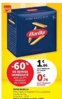 PATES BARILLA Penne rigate ou spaghetti n°5 ou coquillettes