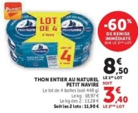 THON ENTIER AU NATUREL PETIT NAVIRE Le lot de 4 boites