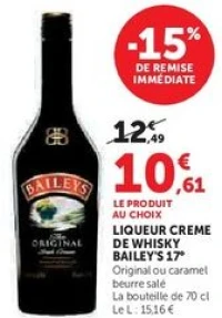Liqueur Creme de Whisky Bailey's 17° 70cl (Original ou caramel beurre salé)