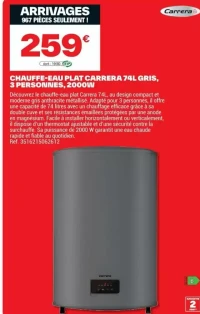 CHAUFFE-EAU PLAT CARRERA 74L GRIS, 3 PERSONNES, 2000W